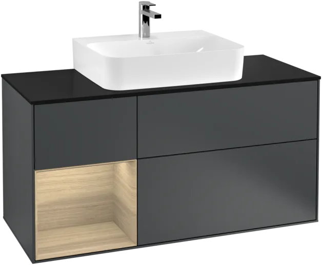 VILLEROY BOCH Toaletní skříňka Finion, s osvětlením, 3 výsuvy, 1200 x 603 x 501 mm, Midnight Blue Matt Lacquer / Oak Veneer / Glass Black Matt #F162PCHG, obrázek 1