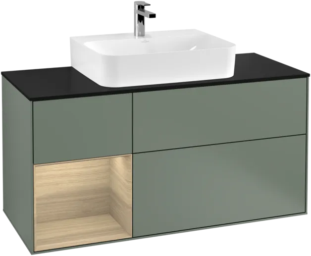 VILLEROY BOCH Toaletní skříňka Finion, s osvětlením, 3 výsuvy, 1200 x 603 x 501 mm, olivový matný lak / dubová dýha / sklo černé matné #F162PCGM