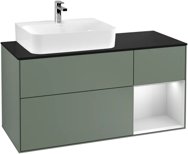 VILLEROY BOCH Toaletní skříňka Finion, s osvětlením, 3 výsuvy, 1200 x 603 x 501 mm, olivový matný lak / bílý matný lak / černé matné sklo #F152MTGM