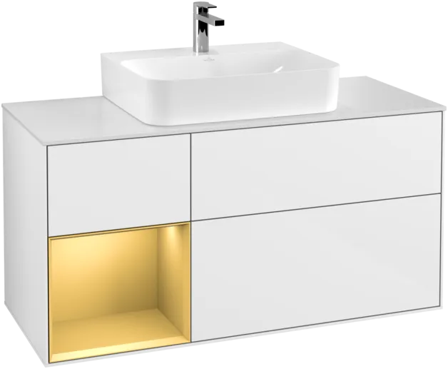 VILLEROY BOCH Toaletní skříňka Finion, s osvětlením, 3 výsuvy, 1200 x 603 x 501 mm, lesklý bílý lak / zlatý matný lak / bílé matné sklo #F161HFGF