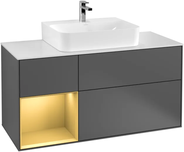 VILLEROY BOCH Toaletní skříňka Finion, s osvětlením, 3 výsuvy, 1200 x 603 x 501 mm, antracitový matný lak / zlatý matný lak / bílé matné sklo #F161HFGK