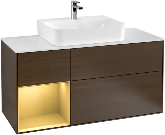 VILLEROY BOCH Toaletní skříňka Finion, s osvětlením, 3 výsuvy, 1200 x 603 x 501 mm, ořechová dýha / zlatý matný lak / sklo bílé matné #F161HFGN, obrázek 1