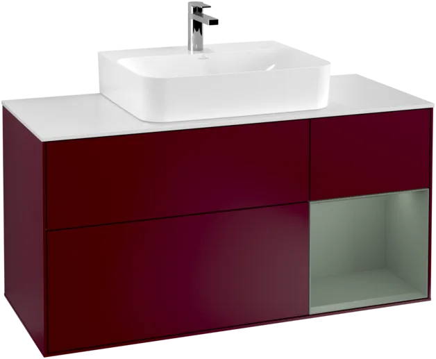 VILLEROY BOCH Toaletní skříňka Finion, s osvětlením, 3 výsuvy, 1200 x 603 x 501 mm, Pivoňka matný lak / Olivový matný lak / Sklo bílé matné #F171GMHB