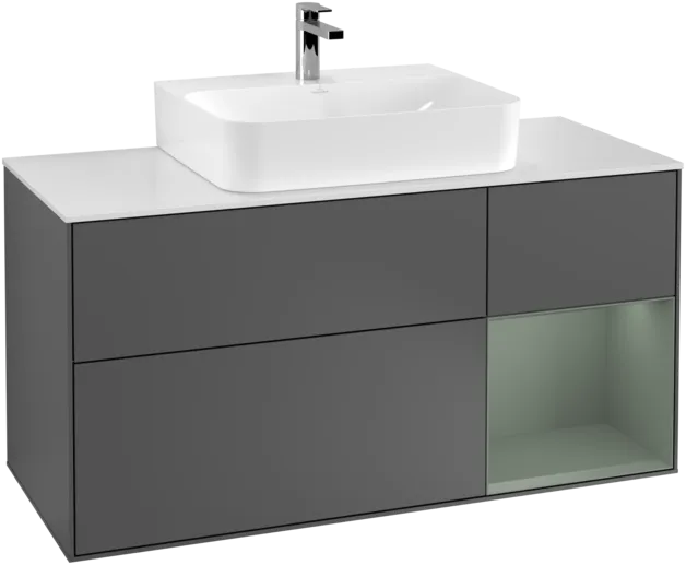VILLEROY BOCH Toaletní skříňka Finion, s osvětlením, 3 výsuvy, 1200 x 603 x 501 mm, antracitový matný lak / olivový matný lak / bílé matné sklo #F171GMGK, obrázek 1
