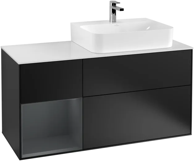 VILLEROY BOCH Toaletní skříňka Finion, s osvětlením, 3 výsuvy, 1200 x 603 x 501 mm, černý matný lak / půlnoční modrý matný lak / bílé matné sklo #F141HGPD