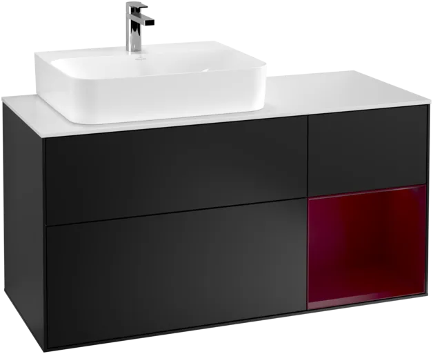 VILLEROY BOCH Toaletní skříňka Finion, s osvětlením, 3 výsuvy, 1200 x 603 x 501 mm, černý matný lak / pivoňkový matný lak / bílé matné sklo #F151HBPD