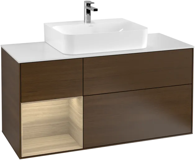VILLEROY BOCH Toaletní skříňka Finion, s osvětlením, 3 výsuvy, 1200 x 603 x 501 mm, ořechová dýha / dubová dýha / sklo bílé matné #F161PCGN