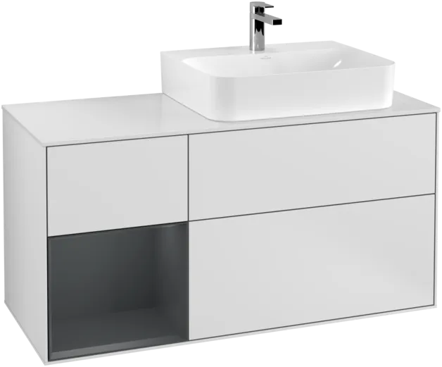 VILLEROY BOCH Toaletní skříňka Finion, s osvětlením, 3 výsuvy, 1200 x 603 x 501 mm, bílý matný lak / půlnoční modrý matný lak / bílé matné sklo #F141HGMT