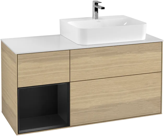 VILLEROY BOCH Toaletní skříňka Finion, s osvětlením, 3 výsuvy, 1200 x 603 x 501 mm, dubová dýha / černý matný lak / bílé matné sklo #F141PDPC
