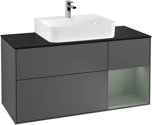 VILLEROY BOCH Toaletní skříňka Finion, s osvětlením, 3 výsuvy, 1200 x 603 x 501 mm, antracitový matný lak / olivový matný lak / černé matné sklo #F172GMGK