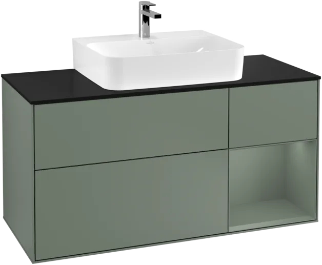 VILLEROY BOCH Toaletní skříňka Finion, s osvětlením, 3 výsuvy, 1200 x 603 x 501 mm, olivově matný lak / olivově matný lak / sklo černé matné #F172GMGM