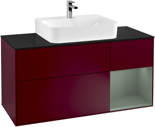 VILLEROY BOCH Toaletní skříňka Finion, s osvětlením, 3 výsuvy, 1200 x 603 x 501 mm, Pivoňka matný lak / Olivový matný lak / Sklo černé matné #F172GMHB