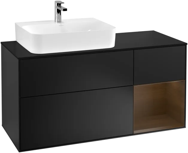 VILLEROY BOCH Toaletní skříňka Finion, s osvětlením, 3 výsuvy, 1200 x 603 x 501 mm, černý matný lak / ořechová dýha / černé matné sklo #F152GNPD