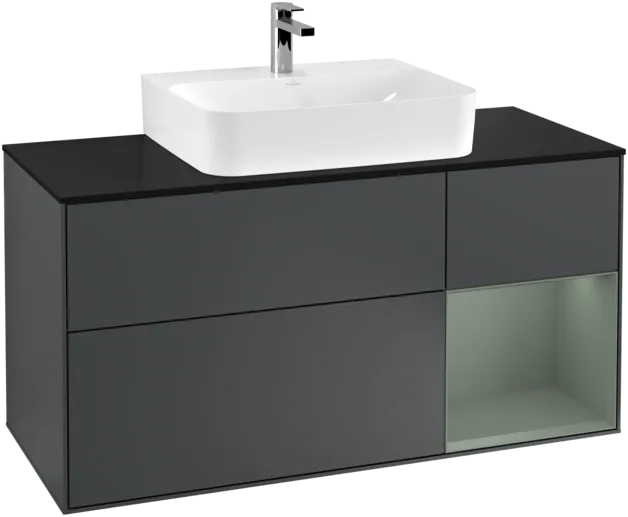 VILLEROY BOCH Toaletní skříňka Finion, s osvětlením, 3 výsuvy, 1200 x 603 x 501 mm, Midnight Blue Matt Lacquer / Olive Matt Lacquer / Glass Black Matt #F172GMHG