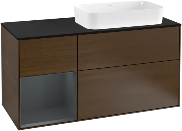 VILLEROY BOCH Toaletní skříňka Finion, s osvětlením, 3 výsuvy, 1200 x 603 x 501 mm, ořechová dýha / půlnočně modrý matný lak / černé matné sklo #F272HGGN