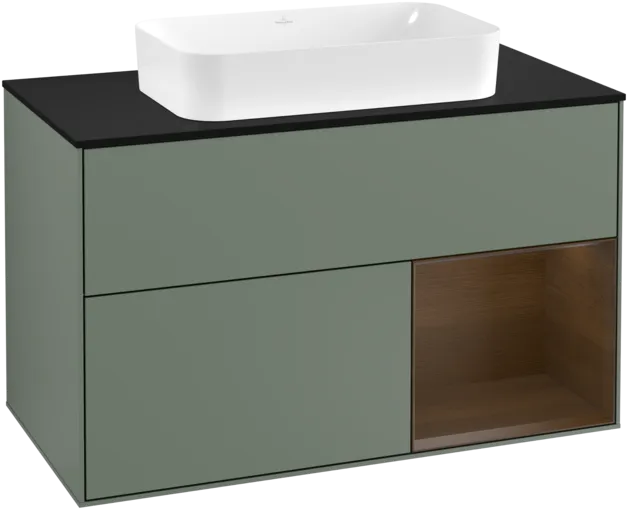 VILLEROY BOCH Toaletní skříňka Finion, s osvětlením, 2 výsuvy, 1000 x 603 x 501 mm, olivový matný lak / ořechová dýha / černé matné sklo #F252GNGM