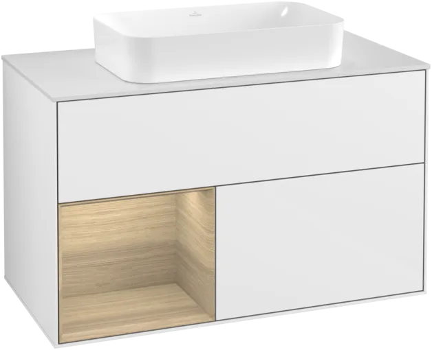 VILLEROY BOCH Toaletní skříňka Finion, s osvětlením, 2 výsuvy, 1000 x 603 x 501 mm, lesklý bílý lak / dubová dýha / sklo bílé matné #F241PCGF