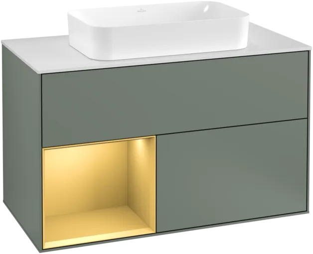 VILLEROY BOCH Toaletní skříňka Finion, s osvětlením, 2 výsuvy, 1000 x 603 x 501 mm, olivový matný lak / zlatý matný lak / bílé matné sklo #F241HFGM