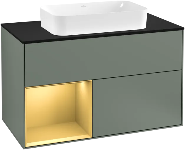 VILLEROY BOCH Toaletní skříňka Finion, s osvětlením, 2 výsuvy, 1000 x 603 x 501 mm, olivový matný lak / zlatý matný lak / černé matné sklo #F242HFGM