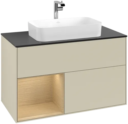 VILLEROY BOCH Toaletní skříňka Finion, s osvětlením, 2 výsuvy, 1000 x 603 x 501 mm, hedvábně šedý matný lak / dubová dýha / černé matné sklo #F242PCHJ