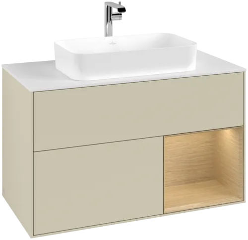 VILLEROY BOCH Toaletní skříňka Finion, s osvětlením, 2 výsuvy, 1000 x 603 x 501 mm, hedvábně šedý matný lak / dubová dýha / sklo bílé matné #F251PCHJ