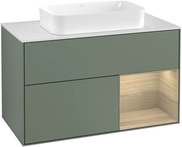 VILLEROY BOCH Toaletní skříňka Finion, s osvětlením, 2 výsuvy, 1000 x 603 x 501 mm, olivový matný lak / dubová dýha / sklo bílé matné #F251PCGM