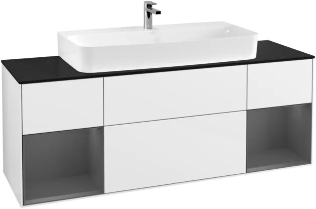 VILLEROY BOCH Toaletní skříňka Finion, s osvětlením, 4 výsuvy, 1600 x 603 x 501 mm, lesklý bílý lak / antracitový matný lak / černé matné sklo #F212GKGF