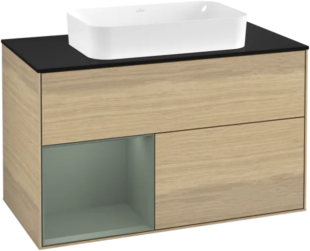 VILLEROY BOCH Toaletní skříňka Finion, s osvětlením, 2 výsuvy, 1000 x 603 x 501 mm, dubová dýha / olivově matný lak / sklo černé matné #F242GMPC
