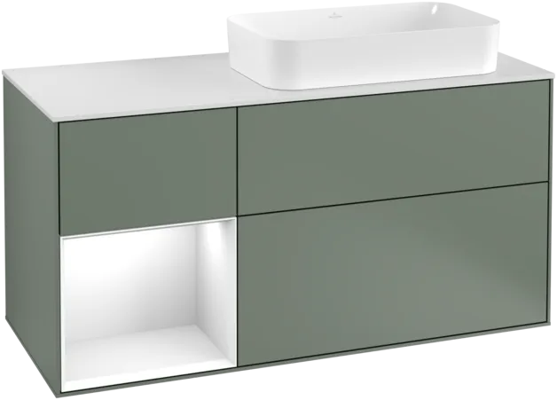 VILLEROY BOCH Toaletní skříňka Finion, s osvětlením, 3 výsuvy, 1200 x 603 x 501 mm, olivově matný lak / lesklý bílý lak / sklo bílé matné #F271GFGM