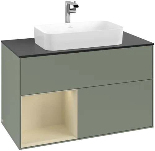 VILLEROY BOCH Toaletní skříňka Finion, s osvětlením, 2 výsuvy, 1000 x 603 x 501 mm, olivový matný lak / hedvábně šedý matný lak / černé matné sklo #F242HJGM