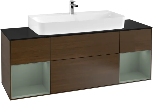 VILLEROY BOCH Toaletní skříňka Finion, s osvětlením, 4 výsuvy, 1600 x 603 x 501 mm, ořechová dýha / olivově matný lak / sklo černé matné #F212GMGN, obrázek 1