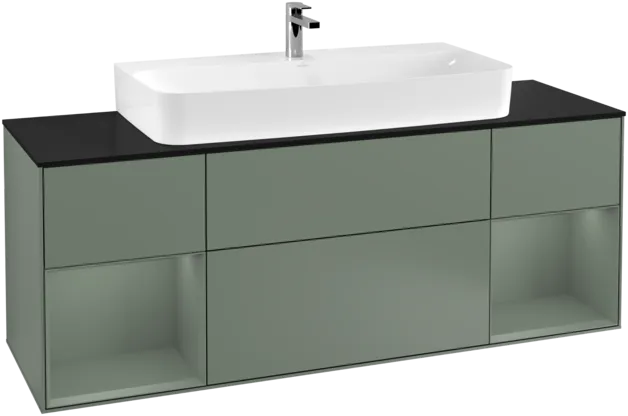 VILLEROY BOCH Toaletní skříňka Finion, s osvětlením, 4 výsuvy, 1600 x 603 x 501 mm, olivově matný lak / olivově matný lak / sklo černé matné #F212GMGM