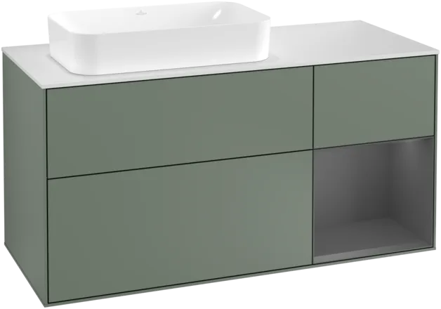 VILLEROY BOCH Toaletní skříňka Finion, s osvětlením, 3 výsuvy, 1200 x 603 x 501 mm, olivový matný lak / antracitový matný lak / bílé matné sklo #F281GKGM