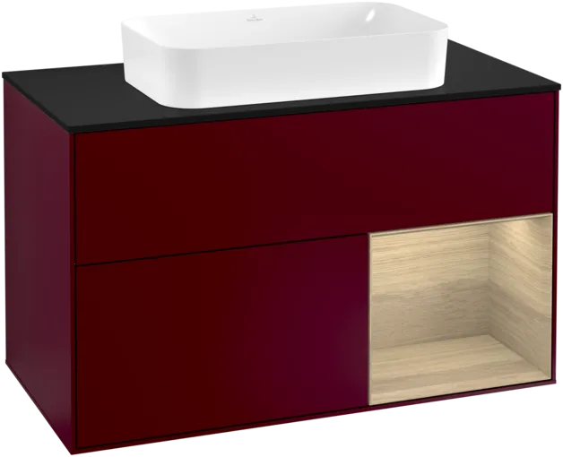 VILLEROY BOCH Toaletní stolek Finion, s osvětlením, 2 výsuvy, 1000 x 603 x 501 mm, matný lak Peony / dubová dýha / černé matné sklo #F252PCHB