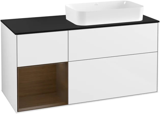 VILLEROY BOCH Toaletní skříňka Finion, s osvětlením, 3 výsuvy, 1200 x 603 x 501 mm, lesklý bílý lak / ořechová dýha / černé matné sklo #F272GNGF