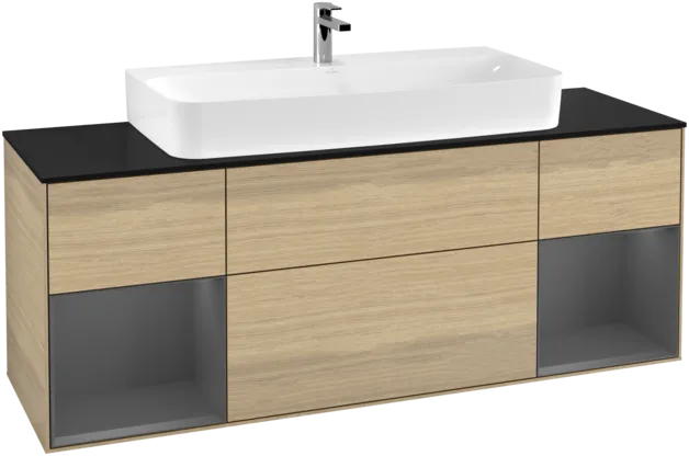 VILLEROY BOCH Toaletní skříňka Finion, s osvětlením, 4 výsuvy, 1600 x 603 x 501 mm, dubová dýha / antracitový matný lak / černé matné sklo #F212GKPC