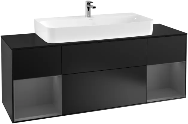 VILLEROY BOCH Toaletní skříňka Finion, s osvětlením, 4 výsuvy, 1600 x 603 x 501 mm, černý matný lak / antracitový matný lak / černé matné sklo #F212GKPD