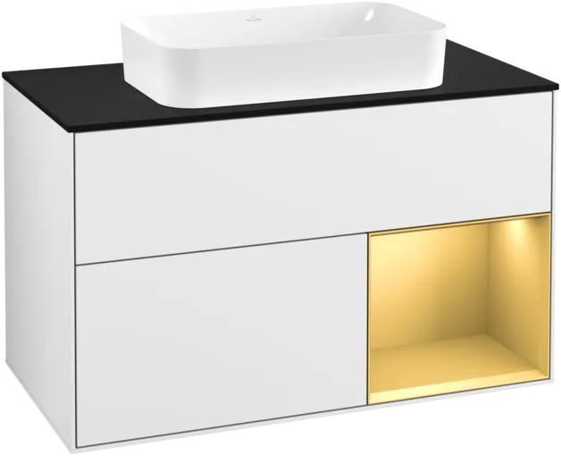 VILLEROY BOCH Toaletní skříňka Finion, s osvětlením, 2 výsuvy, 1000 x 603 x 501 mm, lesklý bílý lak / zlatý matný lak / černé matné sklo #F252HFGF