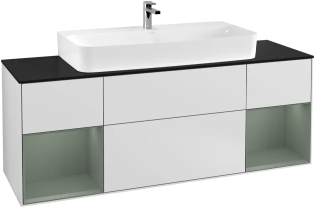 VILLEROY BOCH Toaletní skříňka Finion, s osvětlením, 4 výsuvy, 1600 x 603 x 501 mm, bílý matný lak / olivový matný lak / černé matné sklo #F212GMMT, obrázek 1