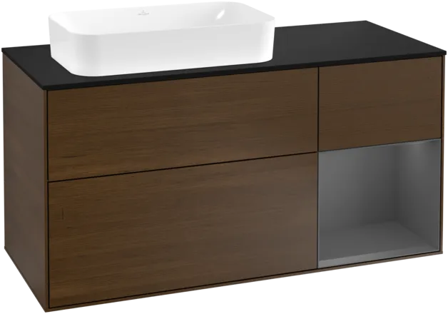 VILLEROY BOCH Toaletní skříňka Finion, s osvětlením, 3 výsuvy, 1200 x 603 x 501 mm, ořechová dýha / antracitový matný lak / černé matné sklo #F282GKGN