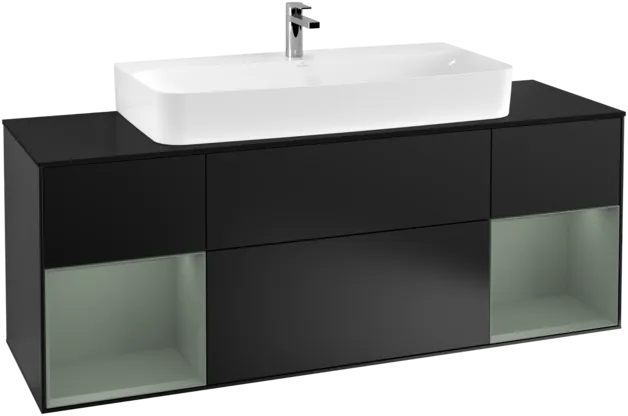 VILLEROY BOCH Toaletní skříňka Finion, s osvětlením, 4 výsuvy, 1600 x 603 x 501 mm, černý matný lak / olivový matný lak / černé matné sklo #F212GMPD, obrázek 1