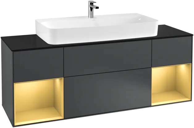 VILLEROY BOCH Toaletní skříňka Finion, s osvětlením, 4 výsuvy, 1600 x 603 x 501 mm, Midnight Blue Matt Lacquer / Gold Matt Lacquer / Glass Black Matt #F212HFHG