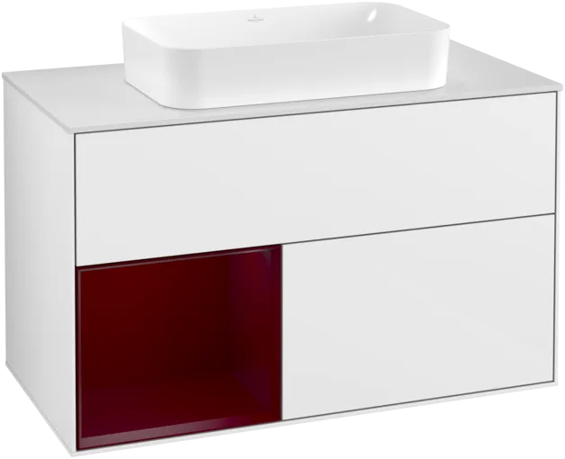 VILLEROY BOCH Toaletní skříňka Finion, s osvětlením, 2 výsuvy, 1000 x 603 x 501 mm, lesklý bílý lak / matný lak Pivoňka / matné bílé sklo #F241HBGF