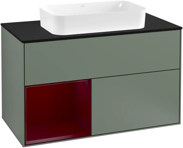 VILLEROY BOCH Toaletní skříňka Finion, s osvětlením, 2 výsuvy, 1000 x 603 x 501 mm, olivový matný lak / pivoňkový matný lak / černé matné sklo #F242HBGM