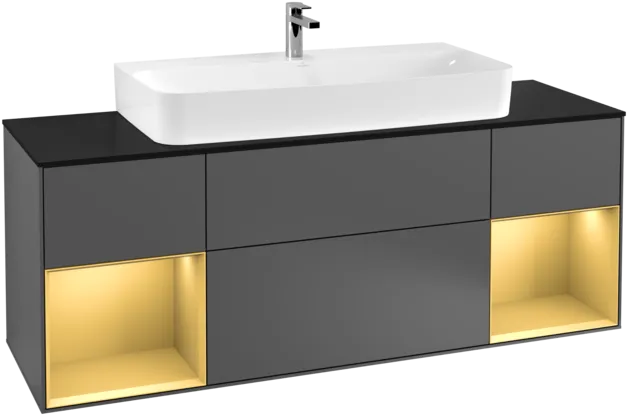 VILLEROY BOCH Toaletní skříňka Finion, s osvětlením, 4 výsuvy, 1600 x 603 x 501 mm, antracit matný lak / zlatý matný lak / černé matné sklo #F212HFGK