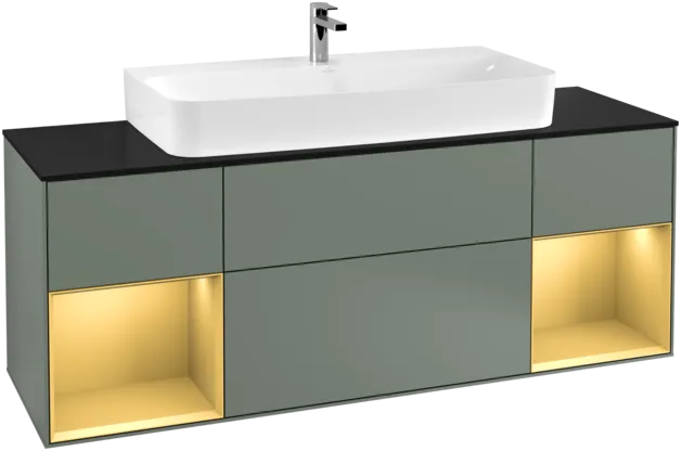 VILLEROY BOCH Toaletní skříňka Finion, s osvětlením, 4 výsuvy, 1600 x 603 x 501 mm, olivový matný lak / zlatý matný lak / černé matné sklo #F212HFGM, obrázek 1