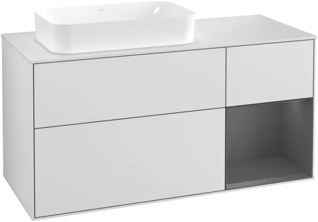 VILLEROY BOCH Toaletní skříňka Finion, s osvětlením, 3 výsuvy, 1200 x 603 x 501 mm, bílý matný lak / antracitový matný lak / bílé matné sklo #F281GKMT