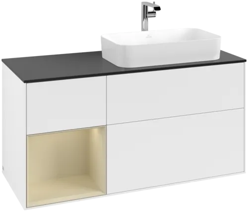 VILLEROY BOCH Toaletní skříňka Finion, s osvětlením, 3 výsuvy, 1200 x 603 x 501 mm, bílý matný lak / hedvábně šedý matný lak / černé matné sklo #F272HJMT