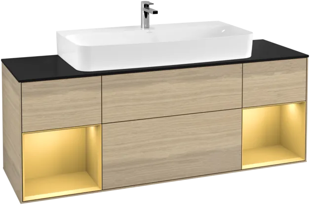 VILLEROY BOCH Toaletní skříňka Finion, s osvětlením, 4 výsuvy, 1600 x 603 x 501 mm, dubová dýha / zlatý matný lak / černé matné sklo #F212HFPC