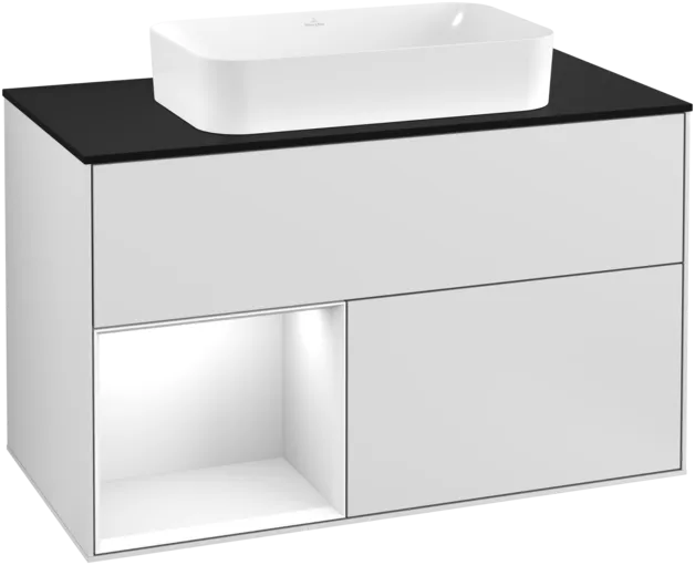 VILLEROY BOCH Umyvadlová skříňka Finion, s osvětlením, 2 výsuvy, 1000 x 603 x 501 mm, bílý matný lak / bílý lesklý lak / černé matné sklo #F242GFMT